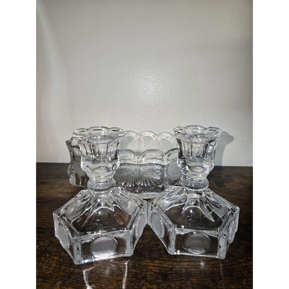 Vintage Coin Dot Glass Centerpiece Bowl & Candle Holders Set Clear - Picture 7 of 16